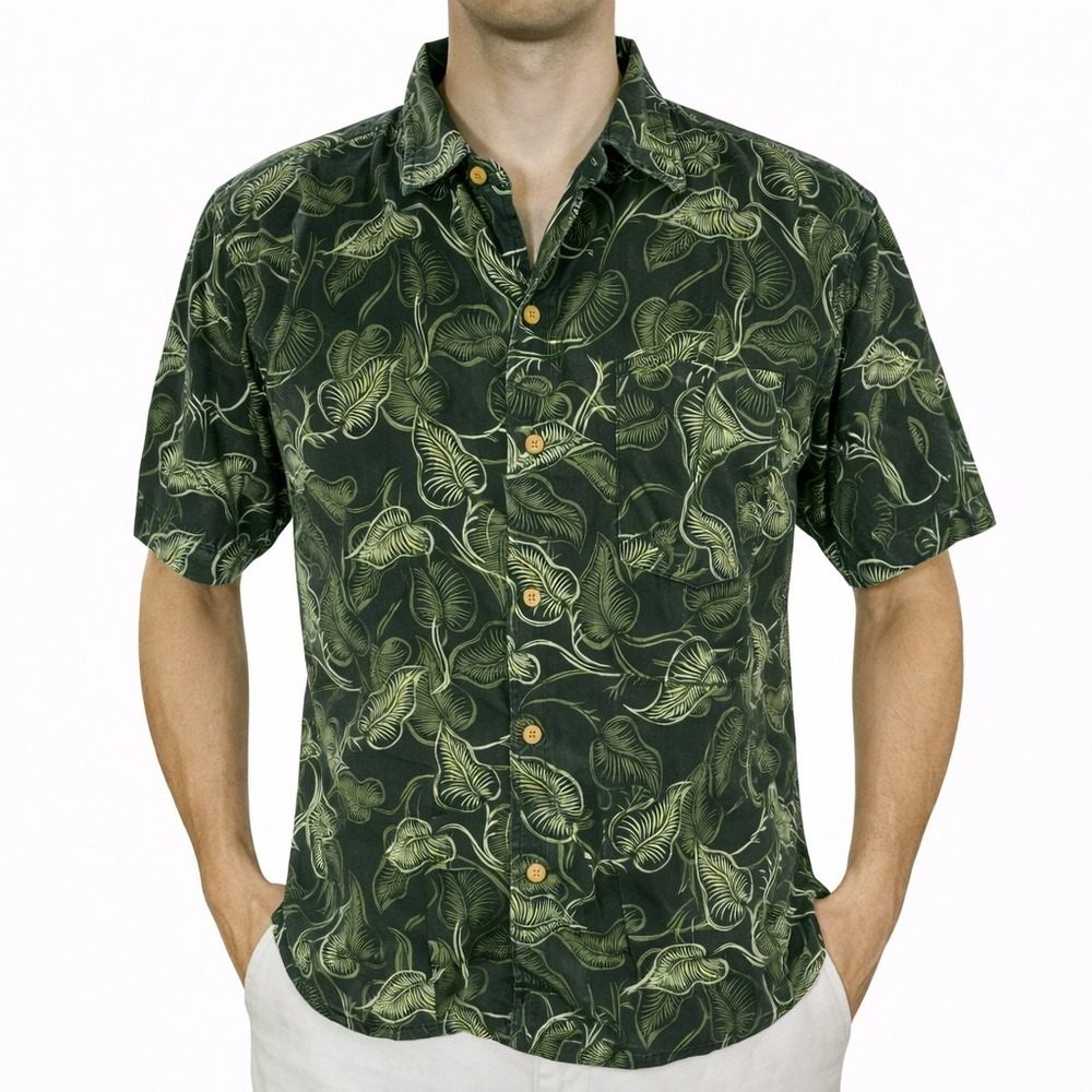 Cherokee Waikiki Hawaiian Aloha Shirt Large Floral Tropical Leaves‎ Dark Green